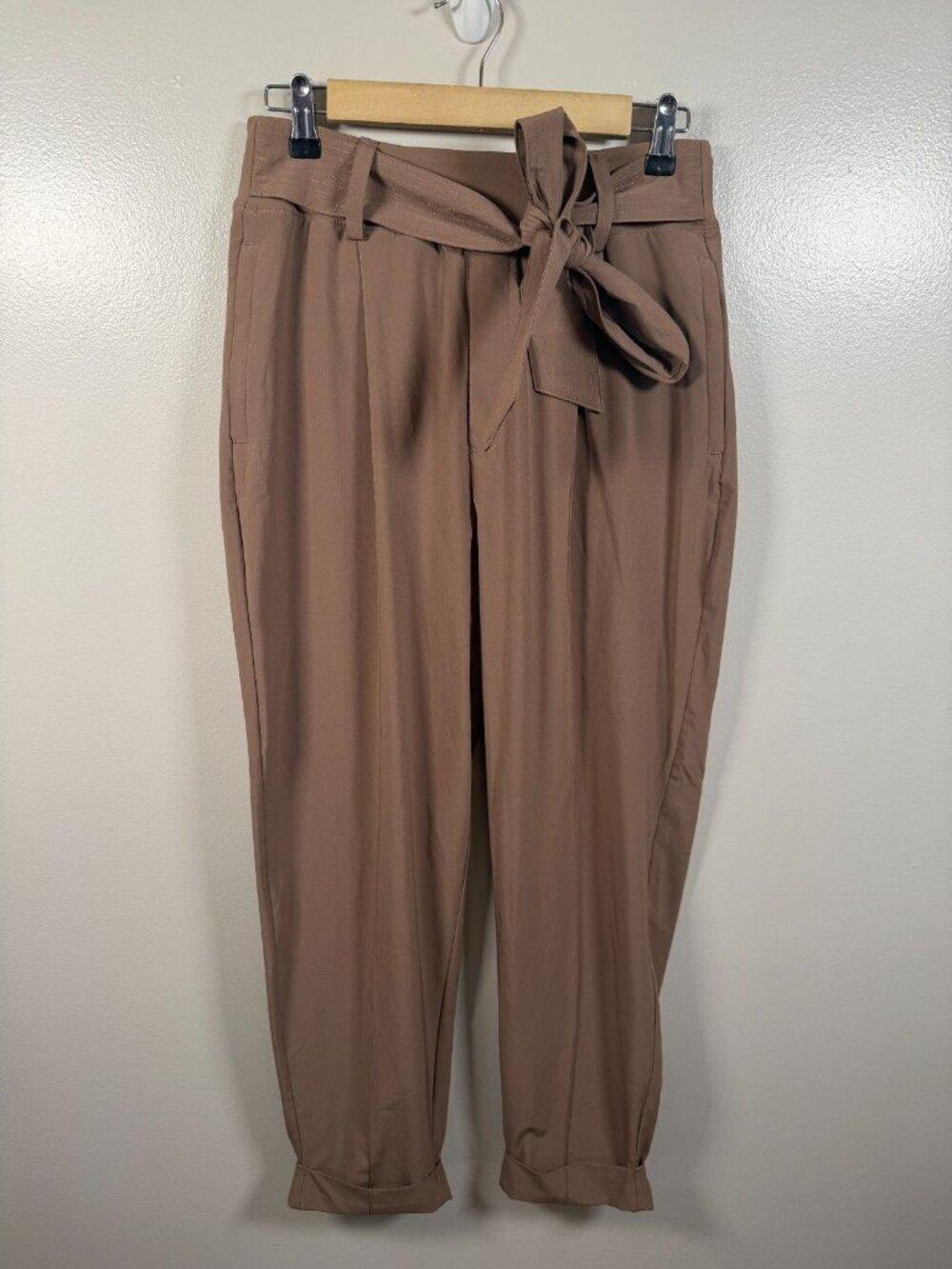 Athleta Cardiff Pants Size 10 Belted Rustic Beige Straight Leg Travel Active - Picture 2 of 14